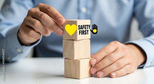 Safety First Concept with Wooden Blocks and Heart Icon.