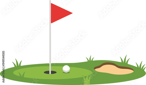 golf hole with flag and ball near sand trap. a golf hole scene with a red flag, a white golf ball near the hole, and a sand trap on the side, in a flat design style