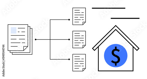 Stacked documents divided into smaller files, connected to a house with a dollar sign. Ideal for finance, real estate, management, data visualization, workflow, housing organization. Simple flat