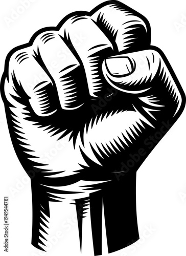 Raised clenched fist symbol of protest, resistance, and strength, black and white woodcut style illustration