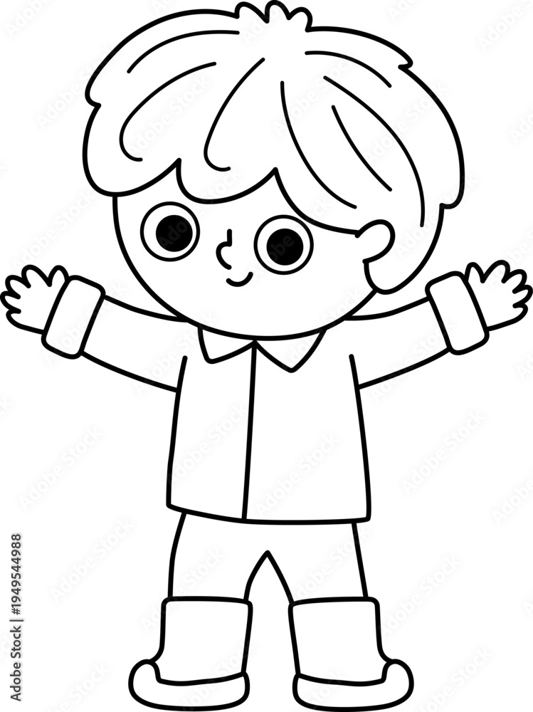 Obraz premium Vector black and white boy standing with stretched arms. Cute happy kid clipart. Funny joyful child coloring page. Nature line illustration with children