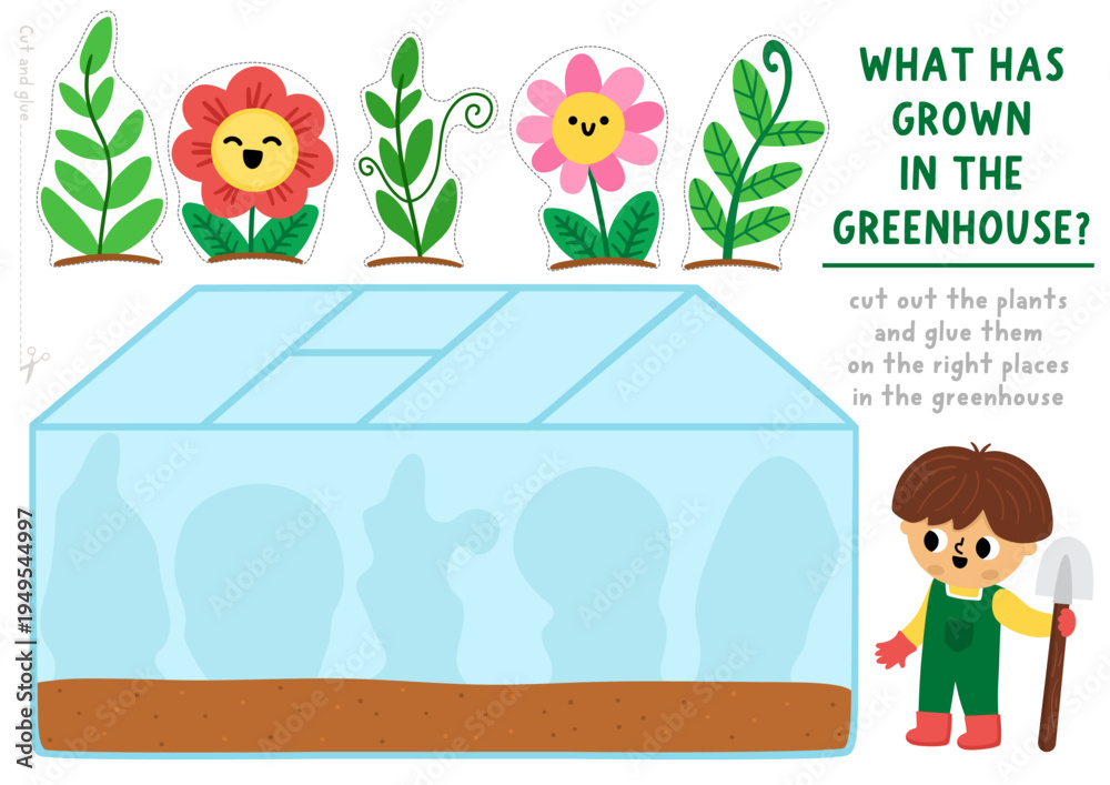 Fototapeta premium Vector garden cut and glue activity. Crafting game with cute greenhouse, flowers, kid with spade growing plants. Country house printable worksheet. Find right piece of the puzzle. Complete picture