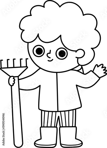 Vector black and white boy standing with rakes and waving hand. Cute line kid gardener clipart. Funny child doing gardening works, raking leaves. Spring or summer country icon, coloring page