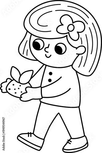 Spring garden black and white illustration with girl going with baby plant in hands. Vector country house, farm concept. Cute line kid doing gardening work icon. Child clipart, coloring page