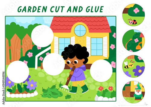 Vector cut and glue activity with garden landscape. Spring game with house, boy with rakes cleaning yard of leaves. Fill up scene with round sticker. Find right piece of puzzle. Complete picture