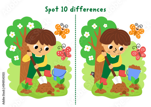Garden find differences game for children. Spring educational activity with gardener digging ground, planting seedling. Puzzle for kid. Printable worksheet, page for logic, attention with nature scene