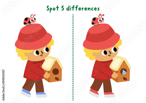 Garden find differences game for children. Spring educational activity with boy gardener going with birdhouse. Cute puzzle for kids. Printable worksheet, page for logic and attention