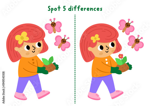 Garden find differences game for children. Spring educational activity with girl gardener going with baby plant, butterflies. Cute puzzle for kids. Printable worksheet, page for logic and attention
