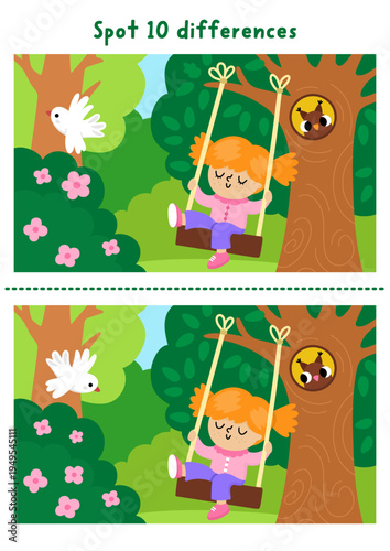 Garden find differences game for children. Spring educational activity with girl swinging on tree with owl. Puzzle for kids. Printable worksheet, page for logic, attention with nature scene