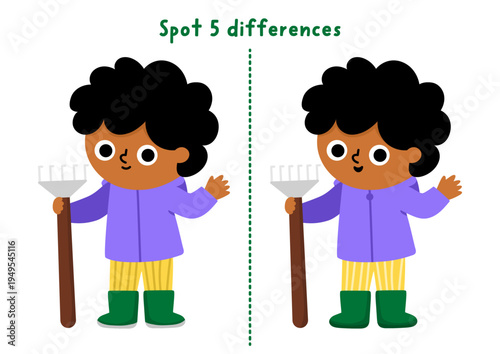 Garden find differences game for children. Spring educational activity with boy gardener standing with rake. Cute puzzle for kids. Printable worksheet, page for logic and attention