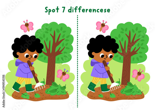 Garden find differences game for children. Spring educational activity with boy gardener raking leaves with rake. Puzzle for kids. Printable worksheet, page for logic, attention with nature scene