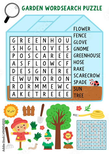 Vector garden word search puzzle for kids. Wordsearch quiz shaped as greenhouse with scarecrow, tree, flower, hose, gnome, rake, spade for children. Spring educational cross word activity