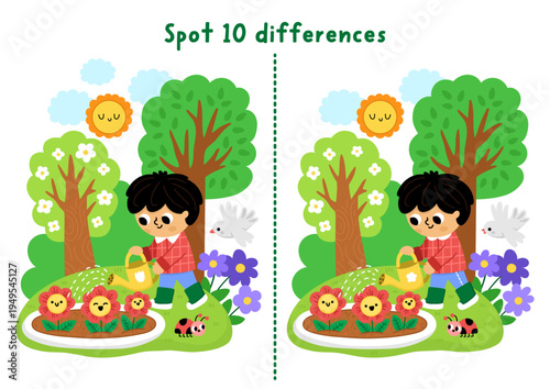 Garden find differences game for children. Spring educational activity with boy gardener watering flowers. Puzzle for kids. Printable worksheet, page for logic, attention with nature scene