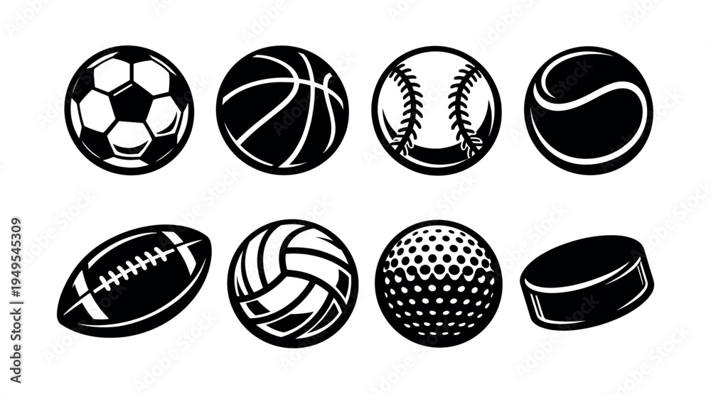 Fototapeta premium Black and white sports ball silhouettes featuring basketball soccer baseball and more