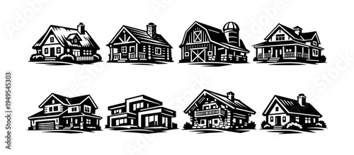 Black and white silhouette set of various houses and farm buildings illustrations