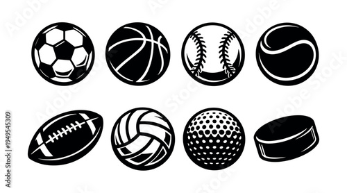Black and white sports ball silhouettes featuring basketball soccer baseball and more