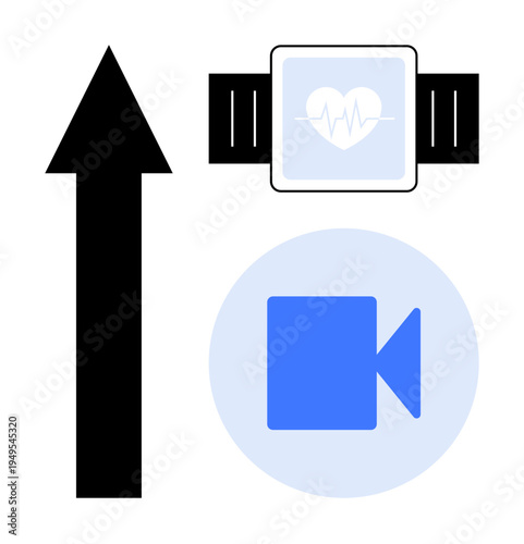 Health monitoring, fitness apps, video communication, growth trends, wearable tech, remote healthcare. Smartwatch with heart symbol, video icon upward arrow. Wearable tech and fitness apps concept