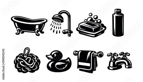 Black and white bathroom element set with bathtub rubber duck soap shower