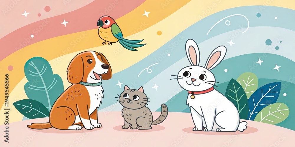 Naklejka premium National Pet Day Banner with Dog Cat Rabbit and Parrot Cartoon Characters