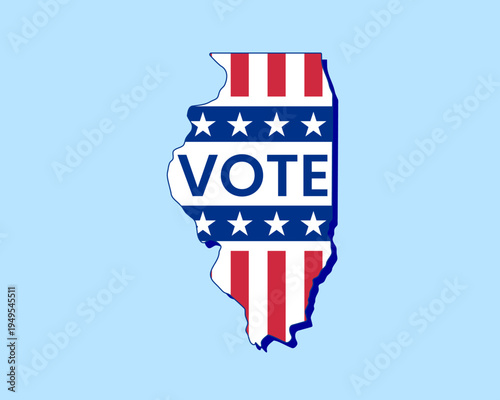 Illinois state map filled with U.S. flag stars and stripes, bold Vote text overlay. Patriotic election concept symbolizing democracy, civic duty, and American pride.