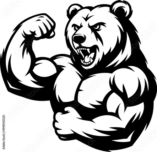 Strong muscular bear mascot logo character flexing biceps