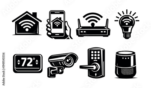 Smart home devices set, black and white vector icons, wi-fi and security elements