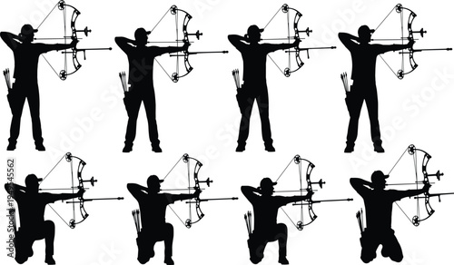 Archery silhouette illustration, compound bow archers, standing pose, kneeling stance, sports training, shooting technique, vector art, stock image, athletic design