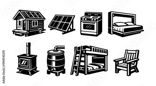 Black and white vector icons of sustainable living objects including solar panels and furniture
