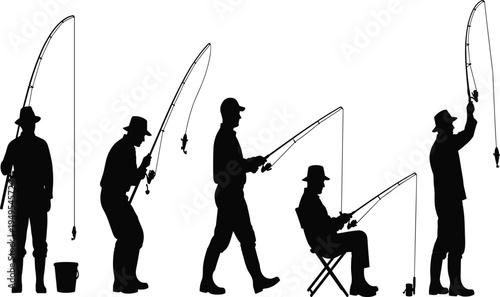 Black and white silhouette illustration of fishermen with fishing rods, catching fish, outdoor sport activity, leisure hobby artwork, lifestyle design