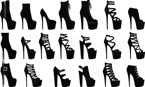 Black silhouette illustration of high heel platform shoes, boots, sandals, fashion footwear artwork, stylish design, trendy women shoe collection