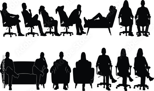 Black silhouette illustration of people sitting in chairs, couches, office seats, armchairs, posture artwork, furniture design, ergonomic lifestyle art