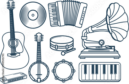 Musical instruments in vintage line art illustration, guitar, accordion, banjo, harmonica, tambourine, vinyl record, gramophone, keyboard, acoustic, and more in detailed line art design.