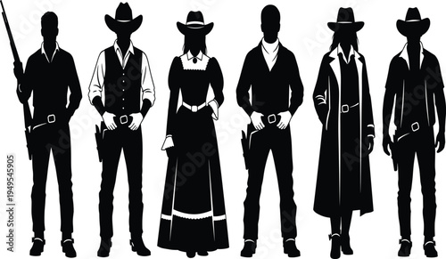 Cowboy silhouette collection, Wild West illustration, frontier character artwork, western attire design, gunslinger profile scene, black white historical graphic set