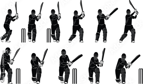 Cricket batsman silhouettes, sports illustration vector, batting stances artwork, helmet gloves design, stumps profile drawing, black silhouette collection, athletic action poses
