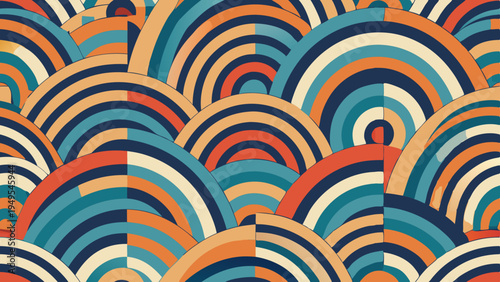 Retro rainbow arc pattern with orange, blue, and beige hues