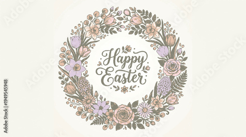 Delicate pastel floral wreath encircling elegant 'happy easter' calligraphy evoking spring celebration and joyous renewal with soft