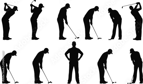 Golf player silhouettes, sports illustration vector, swing poses artwork, putting stance design, athletic golfer profile, black silhouette collection, outdoor recreation concept