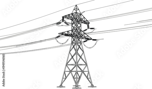 High voltage transmission tower silhouette, electricity pylon structure, power line infrastructure, energy distribution system, electrical engineering design, utility grid illustration