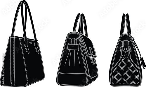 Handbag silhouette illustration, fashion accessories, stylish purse design, quilted bag, pleated handbag, vector art, retail product, stock image, elegance