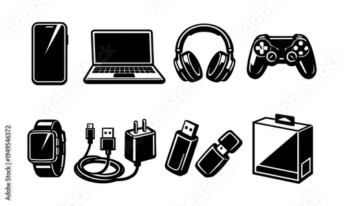 Black and white vector illustration of electronic gadgets and accessories set