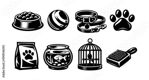 Black and white pet accessories vector illustration set with bowls and toys