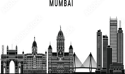 Mumbai city skyline silhouette, Gateway of India, Taj Mahal Palace Hotel, CSMT station