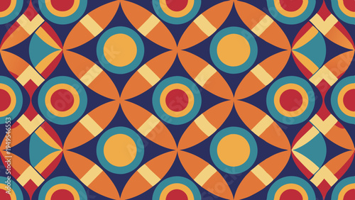 Geometric retro pattern with circles and curves on navy