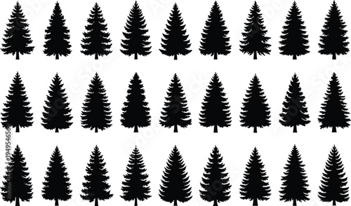 Pine tree silhouettes collection, forest nature illustration, evergreen conifer artwork, woodland vector design, black silhouette trees, landscape conservation symbol