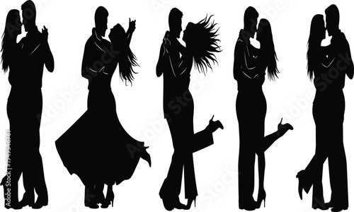 Romantic couple dance silhouettes, ballroom tango passion, Latin salsa movement, elegant partner dancing poses, intimate performance art illustration, black silhouette