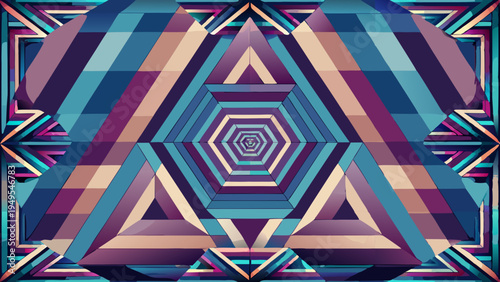 Geometric tunnel of triangles and hexagons with blue accents