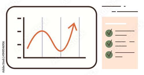 Business analysis, growth tracking, productivity strategies, task management, financial planning, goal setting. A graph with upward trend and checklist with green ticks. Business analysis and growth