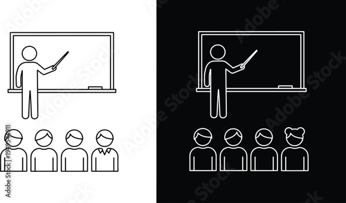 Silhouette illustration of classroom scene, teacher pointing chalkboard, students learning education concept, diversity representation, school teaching environment, study knowledge