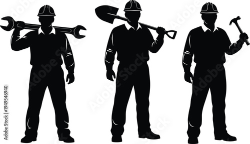 Silhouette illustration of construction workers, hard hats safety gear, holding tools wrench shovel hammer, labor teamwork concept, industrial job site representation