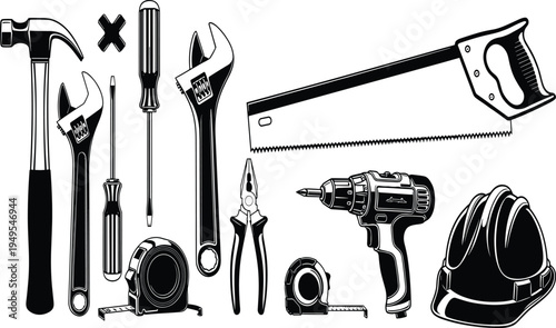 Silhouette illustration of construction tools, hammer wrench screwdriver drill, pliers saw measuring tape, hard hat safety equipment, repair work concept